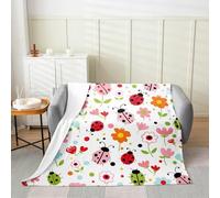 Manfei Cute Ladybug Flannel Blanket Watercolor Flower Throw Blanket Cartoon Ladybird Floral Cozy Throws for Bed Couch Sofa,Kids Boys Girls Room Decor,Soft and Breathable(40 x 50 Inches)