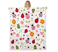 Manfei Cute Ladybug Throw Blanket Watercolor Flower Fleece Blanket Cartoon Ladybird Floral Cozy Throws for Bed Couch Sofa,Kids Boys Girls Room Decor,Soft and Breathable(90 x 90 Inches)