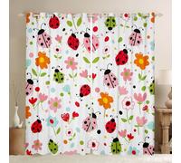 Manfei Cute Ladybug Window Curtains Watercolor Flower Window Drapes,Cartoon Ladybird Floral Window Treatments,Kids Boys Girls Room Decor,Grommet Top 2 Panel Set Bedroom Curtains, 66Wx72L inch