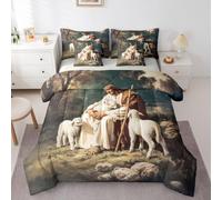 Manfei Cute Lamb Kids Comforter Set Twin Size,White Green Spiritual Vintage Bedding,Natural Verse Faith Belief Decor,Rustic Animal(Fitted+Sheet+2 Pillowcases+2 Throw Pillow Covers)