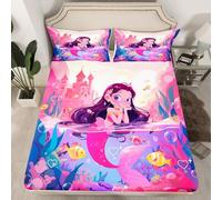 Manfei Cute Mermaid Kids Fitted Sheet Single Size, Cartoon Pink Castle Bedding Set for Girls Princess Room Decor, Fish Coral Marine Life Bed Cover with 1 Pillowcase, Soft Polyester Bedding