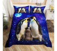 Manfei Cute Penguin Kids Duvet Cover Set Double Size, Animal Theme Comforter Cover, Blue Starry Sky Penguin Family Bedding Set for Boys Girls Room Decor, Lightweight Bedspread Cover, 2 Pillowcases
