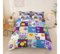Manfei Cute Plaid Floral Duvet Cover Set Single Size,Rose Flower Sweet Heart Bedding Set 2pcs,French Style Quilt Cover,Kids Boys Girls Room Decor,1 Pillowcase,No Comforter