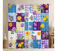 Manfei Cute Plaid Floral Window Curtains Rose Flower Sweet Heart Window Drapes,French Style Window Treatments,Kids Boys Girls Room Decor,Grommet Top 2 Panel Set Bedroom Curtains, 66Wx72L inch