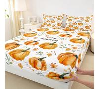 Manfei Cute Pumpkins Fitted Sheet Single Size,Autumn Pumpkin Flower Leaf Bedding Set 2pcs,Fall Harvest Theme Bed Sheets with 1 Pillowcase,Kids Boys Girls Room Decor,Soft Bedding(No Flat)