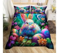Manfei Cute Rabbit Duvet Cover Set Single Size, Colorful Eggs Floral Bedding Set 2pcs, Easter Theme Comforter Cover, Kids Boy Girls Room Decor, Lightweight Bedspread Cover, 1 Pillowcase, No Comforter
