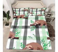 Manfei Cute Sloth Kids Fitted Sheet Double Size, Cartoon Animals Theme Bedding Set for Boys Girls Adults Bedroom Decor, Grey Green Plaid Bed Cover, Soft Polyester Bedding, 2 Pillowcases