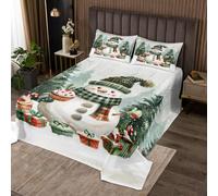 Manfei Cute Snowman Bedspread King Size 3 Pcs,Cartoon Cake Bedding Set for Kids Teens Adults,Watercolor Green Pine Trees Winter Theme Coverlet Set with 2 Pillowcases