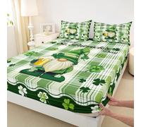 Manfei Cute Spring Gnome Fitted Sheet Single Size,Lucky Clover Green Plaid Bedding Set 2pcs,St. Patrick's Day Bed Sheets with 1 Pillowcase,Kids Boys Girls Room Decor,Soft Bedding(No Flat)