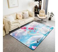 Manfei Cute Swan Area Rug Pink Rose Flower Heart Indoor Floor Mats Entrance Rugs for Kids Boys Girls Room Decor,Romantic Love Theme Blue Non Slip Absorbent Carpets, 4'11" x 3'3" (Rectangular)