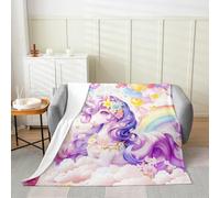 Manfei Cute Unicorn Throw Blanket Boys Girls,Colorful Rainbow Love Clouds Flannel Blanket,Dreamy Princess Theme Flannel Blankets for Sofa Bedroom Office,Purple Bedding Lightweight Soft,(Twin 60"x80")
