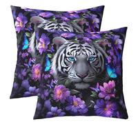 Manfei Cute White Tiger Throw Pillow Cover Purple Flower Butterfly Double Sides Pillow Case for Kids Boys Girls Room Decor,Wild Animals Theme Cushion Cover for Bed Couch Sofa,2 Pack 16"x16"