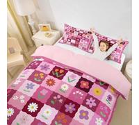 Manfei Daisy Flower Duvet Cover Set Double Size,Pink Grid Patchwork Bedding Sets 3Pcs for Kids Girls Boys Adult Room Decor,Colorful Bohemian Quilt Cover Nature Plants Comforter Cover,2 Pillowcases