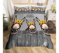 Manfei Donkey Duvet Cover Set King Size, Sunflower Animal Theme Bedding Set 3pcs for Kids Boys Girls Bedroom Decor, Rustic Farmhouse Comforter Cover Grey Wooden Plank Quilt Cover with 2 Pillowcases