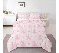 Manfei Dreamy Castle Comforter Set Full Size, Pink Floral Crown Print Bedding Set 3pcs, Cute Magical Princess Down Comforter All Season, Kids Girls Room Decor, Soft and Breathable, 2 Pillowcases