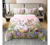 Manfei Easter 100% Cotton Duvet Cover Set Double Size, Cute Rabbit Pink Plaid Bedding Set 3pcs, Colorful Egg Flower Comforter Cover for All Season, Kids Girls Room Decor, 2 Pillowcases, No Comforter