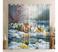 Manfei Easter Egg Living Room Curtain Sleeping Rabbit Winter Scenery Women Men Kitchen Curtains Botanical Floral Bedroom Curtains Home Decor White Brown Window Treatments 2 Panels Set,46Wx54L Inch