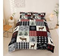 Manfei Elk Deer Duvet Cover Set Single Size,Farmhouse Style Snowflake Bedding Set 2pcs,Gingham Plaid Grid Quilt Cover,Kids Boys Girls Room Decor,1 Pillowcase,No Comforter