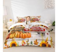 Manfei Fall Gnome Duvet Cover Set Double Size,Red Truck Pumpkin Sunflower Bedding Set 3pcs,Autumn Harvest Theme Quilt Cover,Kids Boys Girls Room Decor,2 Pillowcases,No Comforter