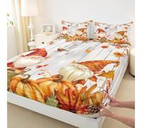Manfei Fall Gnome Fitted Sheet King Size,Cute Pumpkin Sunflower Marple Leaf Bedding Set 3pcs,Grey Wooden Plank Bed Cover with 2 Pillowcases,Kids Boys Girls Room Decor,Soft Bedding(No Flat)