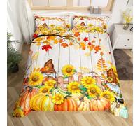 Manfei Fall Gnomes Duvet Cover Set King Size, Pumpkin Sunflower Leaves Comforter Cover with 2 Pillowcases, Autumn Harvest Bedding Set 3pcs for Kids Boys Girls Room Decor Lightweight Bedspread Cover