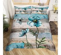 Manfei Farmhouse Duvet Cover Set Double Size, Watercolor Flower Butterfly Bedding Set 3pcs for Kids Boys Girls Room Decor, Blue Grey Wooden Board Comforter Cover Rustic Quilt Cover with 2 Pillowcases