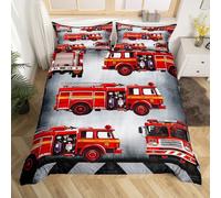 Manfei Fire Truck Duvet Cover Set Double Size, Red Fire Engine Bedding Set 3pcs, Fire Fighting Truck Comforter Cover, Kids Boy Girl Room Decor, Lightweight Bedspread Cover, 2 Pillowcases, No Comforter