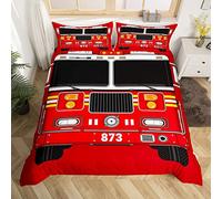Manfei Fire Truck Duvet Cover Set Double Size, Red Fire Engine Comforter Cover with 2 Pillowcases, Cartoon Vehicle Bedding Set 3pcs for Kids Boys Teens Bedroom Decor, Firemen Car Bedspread Cover