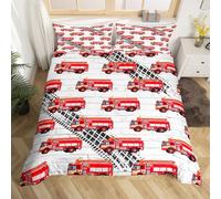 Manfei Fire Truck Duvet Cover Set Single Size, Red Fire Engine Bedding Set 2pcs for Kids Boy Bedroom Decor, Firefighting Truck Fireman Car Comforter Cover Soft Polyester Quilt Cover with 1 Pillowcase