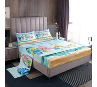 Manfei Flip Flops Bed Sheet Queen Size,Summer Seaside Hawaii Beach Life Sheets,Watercolor Ocean Waves Shell Conch Deep Pocket Bedding Sets (1 Fitted,1 Flat,2 Pillowcases)