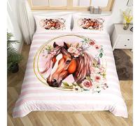 Manfei Floral Horse Duvet Cover Set Single Size, Watercolor Flower Bedding Set 2pcs for Kids Boys Girls Bedroom Decor, Pink Stripes Print Comforter Cover Animal Theme Quilt Cover with 1 Pillowcase