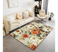 Manfei Flower Kids Area Rug,Vintage Peony Plant Leaves Indoor Floor Mat Entrance Rug for Girls Boys,Boho Rural Pastoral Non Slip Rug,Orange Light Green Couch Living Room Decor,3'x5'