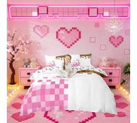 Manfei Game Pixelated Theme Duvet Cover Set Double Size,Patchwork Grid Bedding Set for Kids Teens Bedroom Decor,Video Games Comforter Cover,Pink Brown 2 Pcs Bedding Collection,No Filler