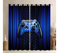 Manfei Gamer Blackout Curtain Blue Geometric Gaming Window Treatments, Videogame Controller Window Drapes for Kids Boys Adults Room Decor Grommet Top 2 Panel Set Bedroom Curtains, 66Wx90L inch