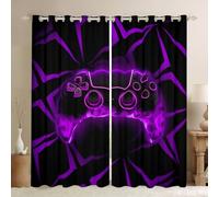 Manfei Games Kids Blackout Curtain Black Purple Flame Gamepad Window Drapes for Boys Girls Room Decor, Geometric Gaming Window Treatments, Grommet Top 2 Panel Set Bedroom Curtains, 46Wx54L inch