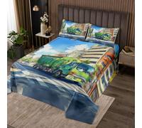 Manfei Garbage Truck Bedspread Single Size,Watercolor Traffic Car Graffiti Coverlet Set 2pcs,Modern Urban Style Quilted Coverlet with 1 Pillowcase,Kids Boys Room Decor,Soft Bedding Quilt