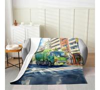 Manfei Garbage Truck Flannel Blanket Watercolor Traffic Car Graffiti Throw Blanket Modern Urban Style Cozy Throws for Bed Couch Sofa,Kids Boys Girls Room Decor,Soft and Breathable(40 x 50 Inches)