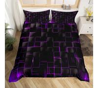 Manfei Geometric Duvet Cover Set Single Size, Abstract Square Grid Print Bedding Set 2pcs for Kids Boys Girls Room Decor, Purple and Black Comforter Cover Soft Polyester Quilt Cover with 1 Pillowcase