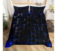 Manfei Geometric Duvet Cover Set Single Size, Abstract Square Grid Print Comforter Cover with 1 Pillowcase, Royal Blue and Black Bedding Set 2pcs for Kids Boys Room Decor Lightweight Bedspread Cover