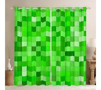 Manfei Geometric Grid Window Drapes,Patchwork Square Video Games Blackout Curtain,Gradient Gaming Boys Girls Room Decor,Green 2 Panels,66Wx72L inch