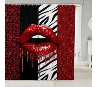 Manfei Glitter Lips Shower Curtains Red Sequins Sparkling Waterproof Bath Curtains with 12 Hooks Suits for Bathtub, Black White Leopard Zebra Print Bathroom Curtains for Kids Girl, 72" W x 72" L