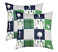 Manfei Golf Themed Throw Pillow Covers Watercolor Green Blue Gray Grid Stripes Cushion Covers for Kids Teens Adults Extreme Sports Game Style Cushion Cases for Bedroom Sofa Car, 2 Pack 18"x18"