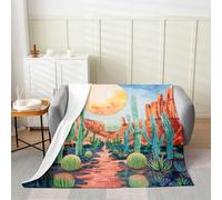 Manfei Green Cactus Flannel Blanket Watercolor Desert Throw Blanket Southwest Style Sunset Cozy Throws for Bed Couch Sofa,Kids Boys Girls Room Decor,Soft and Breathable(50 x 60 Inches)