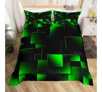 Manfei Green Geometric Duvet Cover Set King Size, Red and Black Square Bedding Set for Kids Boys Bedroom Decor, Abstract Geometric Lattice Comforter Cover, Soft Polyester Quilt Cover, 2 Pillowcases