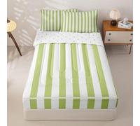 Manfei Green White Stripes Zipper Comforter Set,Abstract Aesthetic Full Bedding Sets,Striped Modern Geometric Lines 1 Zipper Comforter + 1 Fitted Sheet + 2 Pillowcases,Simple 4Pcs Complete Bedding Set