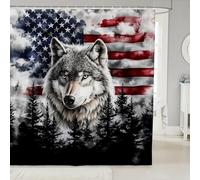 Manfei Grey Wolf Shower Curtains American Flag Bathroom Curtains,Woodland Wild Animal Theme Waterproof Bath Curtains with 12 Hooks Suit for Bathtub,Kids Boys Girls Room Decor,72" W x 84" L