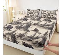 Manfei Grizzly Bear Fitted Sheet Double Size,Woodland Adventure Hunting Theme Bedding Set 3pcs,Rustic Animals Bed Sheets with 2 Pillowcases,Kids Boys Girls Room Decor,Soft Bedding(No Flat)