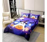 Manfei Halloween 100% Cotton Duvet Cover Set Super King,Cute Ghost Witch Hat Bedding Set 3pcs,Cartoon Pumpkin Lantern Bat Quilt Cover,Kids Boys Girls Room Decor,2 Pillowcases,No Comforter