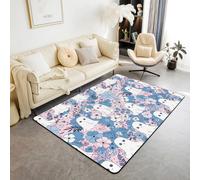 Manfei Halloween Area Rug Cute Ghosts Indoor Floor Mats Entrance Rugs for Boys Girls Room Decor,Blue Pink Flower Leaves Print Non Slip Absorbent Carpets, 4'11" x 3'3" (Rectangular)