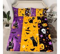 Manfei Halloween Fitted Sheet Double Size, Cute Cats Pumpkin Skull Bedding Set for Kids Girls Bedroom Decor, Purple Orange Black Bed Cover with 2 Pillowcases, Soft Polyester Bedding